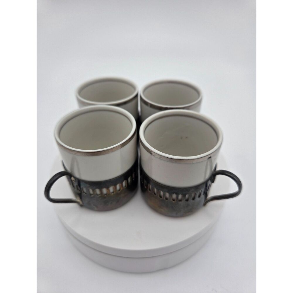 Vintage Set of 4 Porcelana Veracruz Brazil Demitasse Cups Silver Holders